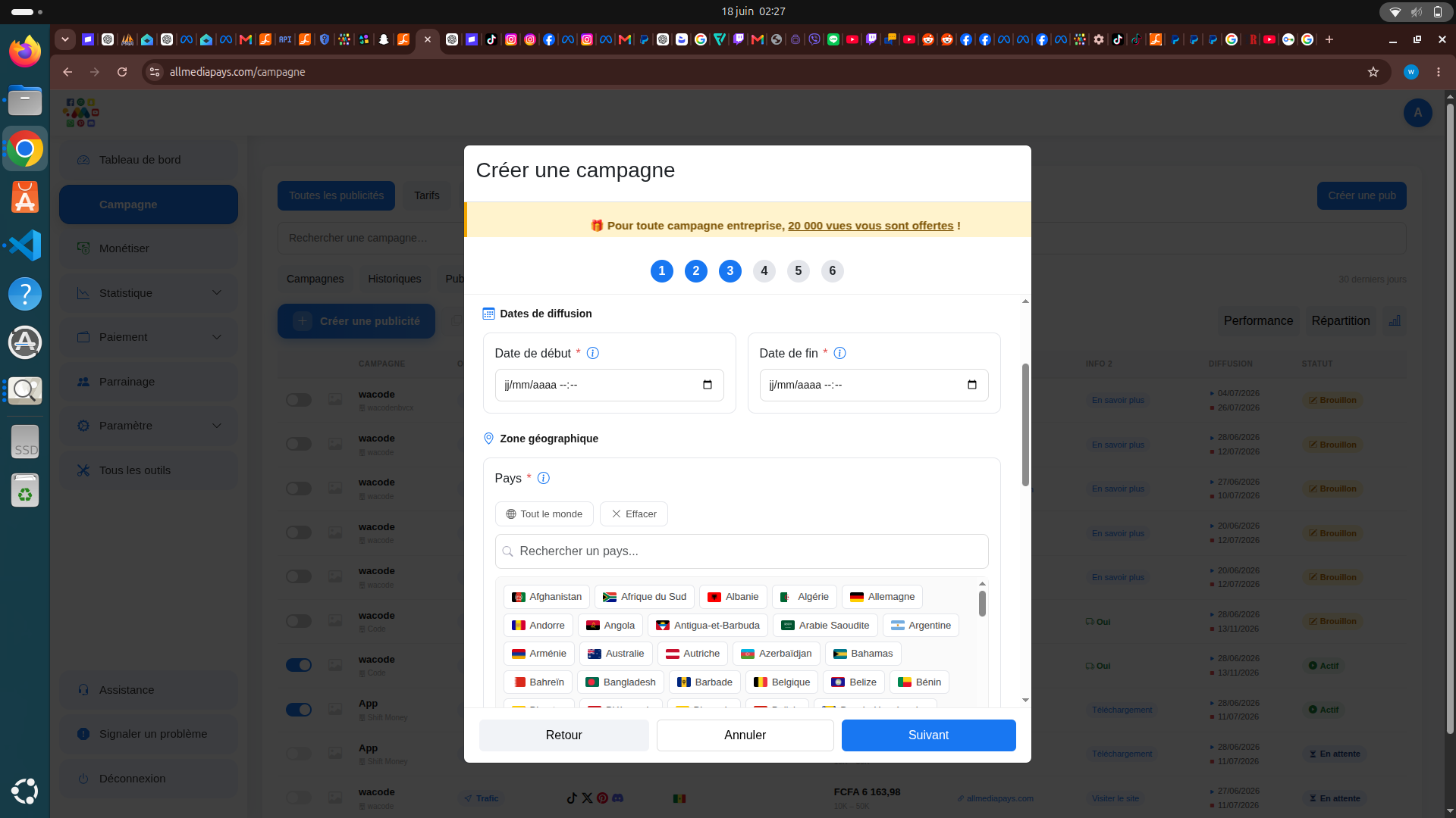 Étape 3 de la modale : dates de diffusion et zone géographique